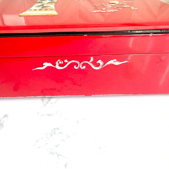 Vintage Lacquered Red Box Mother of Pearl Abalone Inlay Asian Box Stationary Box - Picture 7 of 16